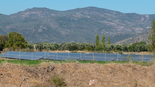 Solar panels at Kalloni Salt Pans in central Lesbos island, Greece.