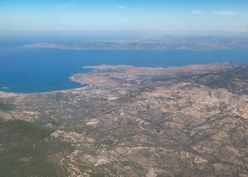Approach to Mytilene International Airport Lesbos Greece. Turkish mainland in the background.