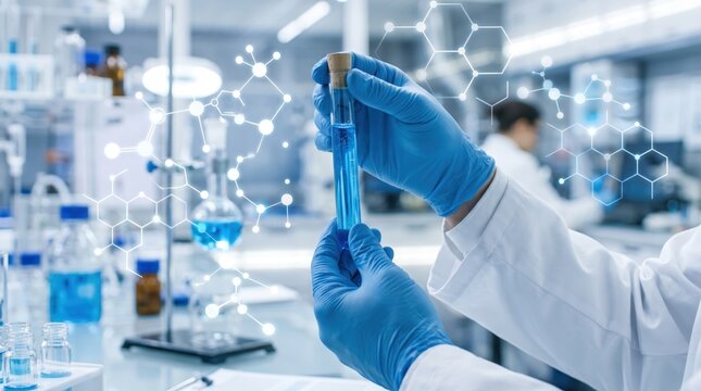 Scientist holding test tube with blue liquid in laboratory, chemical structure overlay, medical research and pharmaceutical development concept, biotechnology innovation science