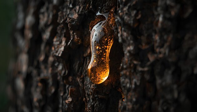 Extreme macro photography of glowing golden tree sap dripping down a rough dark bark, representing natural resin, raw organic ingredients, and natural healing