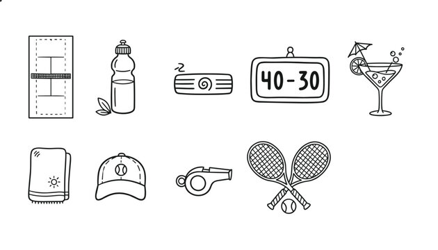Hand drawn sketchy tennis icons set including rackets, balls, court, score board, whistle, cap, and sports drink.