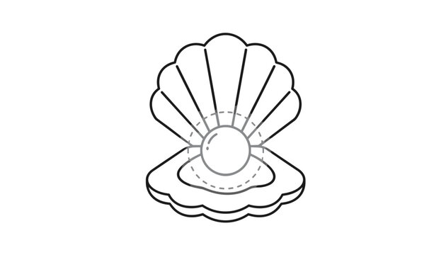 Elegant black outline drawing of an open sea clam shell cradling a shiny precious round pearl on a white background.