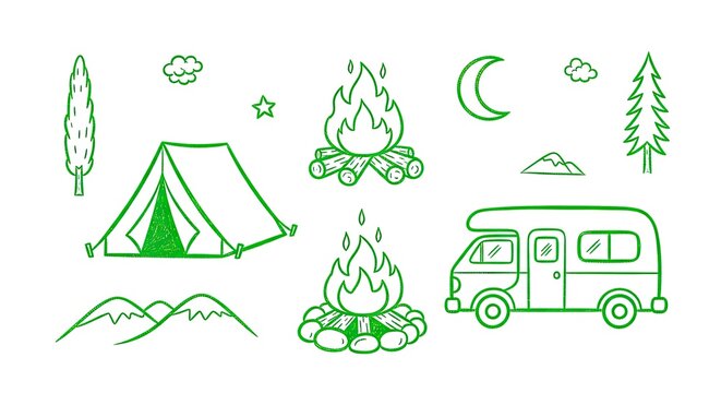 Camping and outdoor adventure vector icons set. Hand drawn doodle line art with tent, campfire, camper van, mountains, trees, moon.
