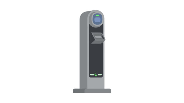3D rendered minimalist grey automated payment terminal with card reader and green light indicator for smart city infrastructure
