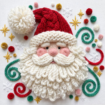 A whimsical handcrafted Santa Claus textile artwork featuring a chunky knit hat, curly yarn beard, and festive embroidery details on white fabric.