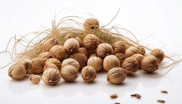 Dried Cyperus Rotundus Nutgrass Tubers Scattered On White Backgr