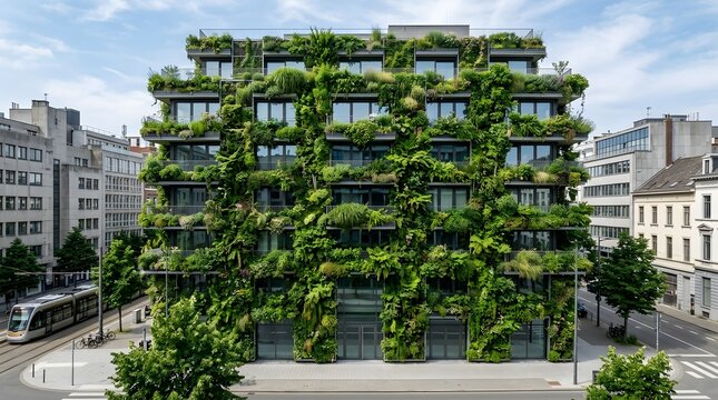 Vertical garden building exterior, lush plant covered facade, urban green, no text no people