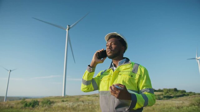 Focused African American male engineer in helmet and safety jacket standing near wind turbines. Talking on smartphone. Holding rolled blueprint and gesturing hand. Discussing construction details.