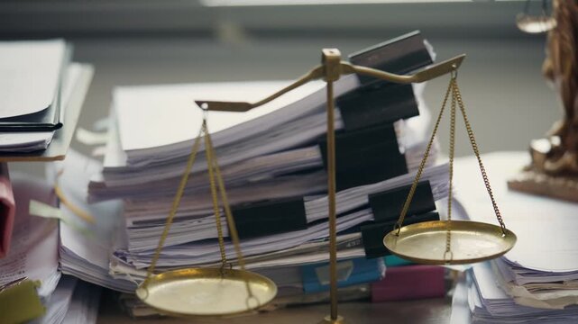 Scales of Justice in Front of Stacked Legal Documents in Law Office
