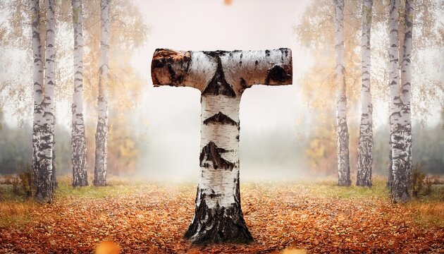 An Autumn Letter T Formed By Birch Bark And Falling Leaves In A Misty Forest Landscape