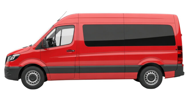 Red passenger van in profile against a neutral studio setting with tinted Isolated on transparent background