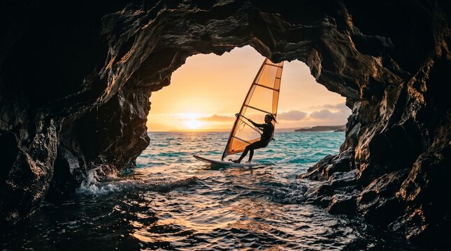 Single female windsurfer passing across bright cave opening framed by dark sea cave interior, golden sail backlit, dramatic cool shadow versus warm exterior cinematic sports