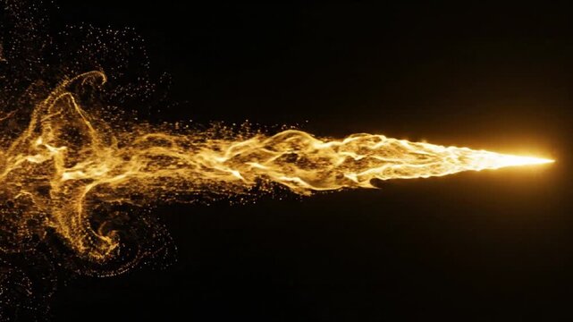 Golden fire particle stream exploding horizontally on black background