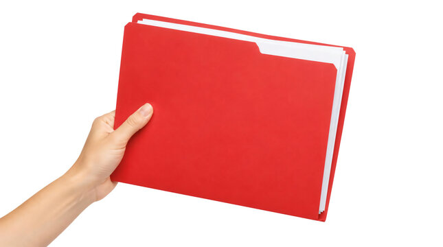 Hand holding red file folder with white documents isolated on transparent background