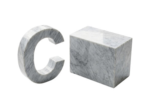 Polished marble letter C and rectangular block, white Carrara stone alphabet sculpture, luxury mineral decor objects on white background