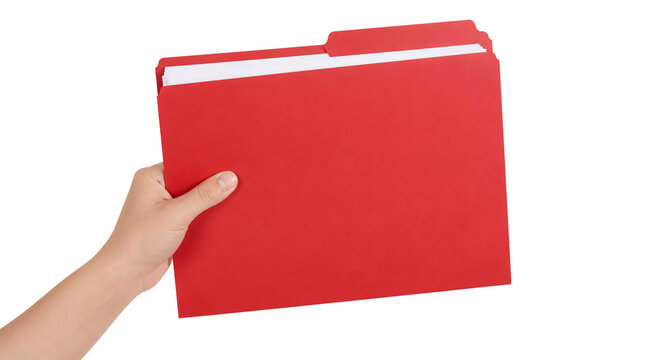 Hand holding red file folder with white documents isolated on transparent background