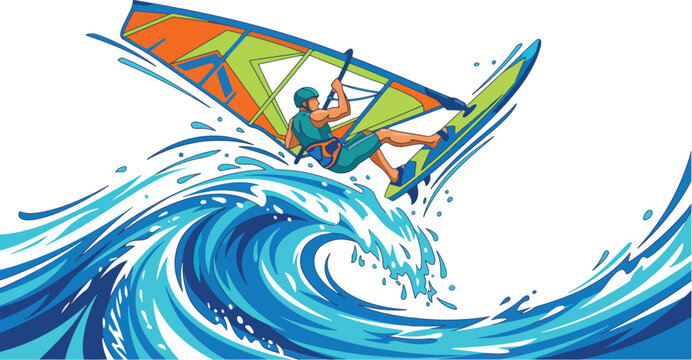 Windsurfing athlete jumping over a large blue ocean wave in a vibrant stylized vector illustration of extreme water
