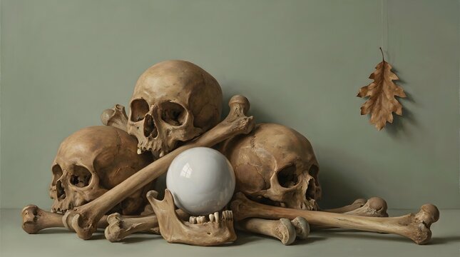 Still life with human skulls bones and a white egg on a muted background