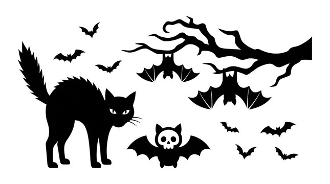 Halloween vector set with a black cat, hanging bats, and a cute bat with a skull face, perfect for spooky holiday decorations and festive graphic designs