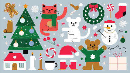 Naklejka premium Cute holiday season collection with festive Christmas items and cartoon characters