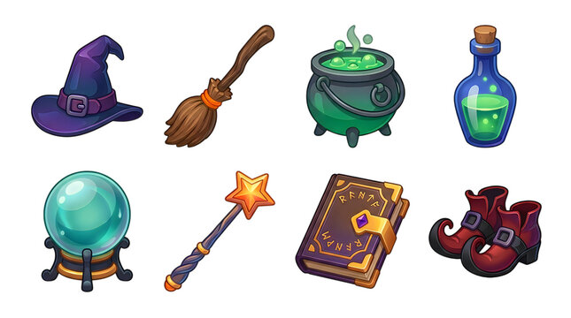 A collection of colorful magic items isolated on transparent background, featuring a witch hat, potion cauldron, spellbook, and crystal ball