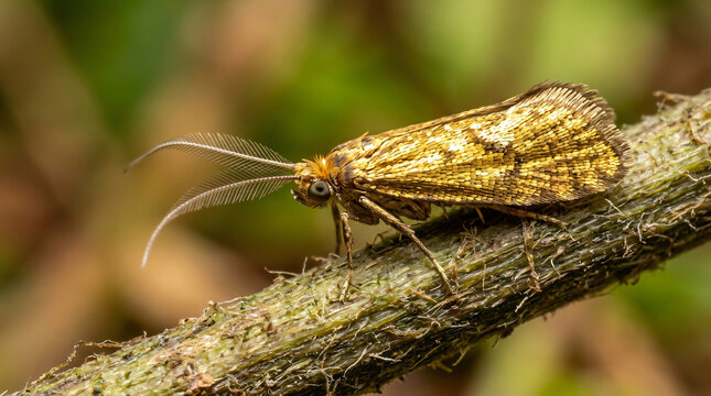 A detailed macro shot of a caddisfly resting on a small tree branch in nature.