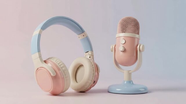 Pastel wireless headphones with integrated microphone resting on a clean studio surface for music and audio technology commercial projects with cop...