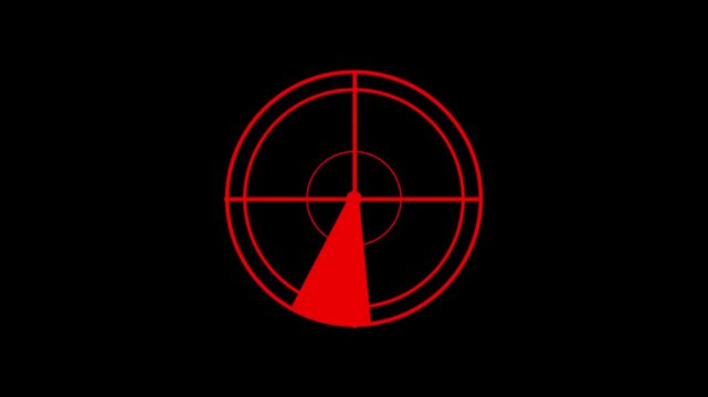 Red radar screen graphic with a rotating scanning beam on a solid black background