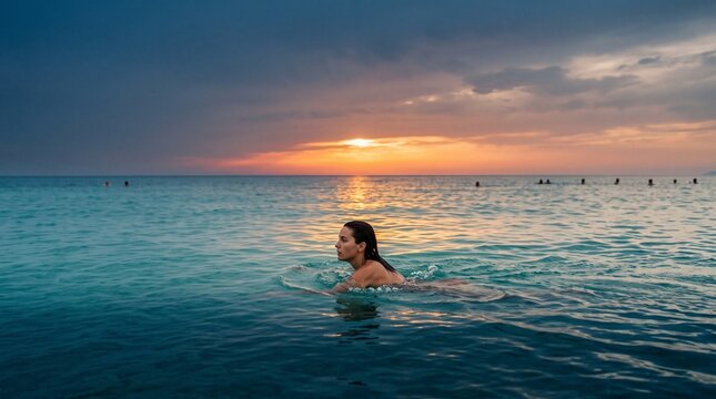 Single young adult woman swimming alone in turquoise Mediterranean at sunset, telephoto distant perspective, deep amber horizon band, diverse swimmers barely visible atmospheric