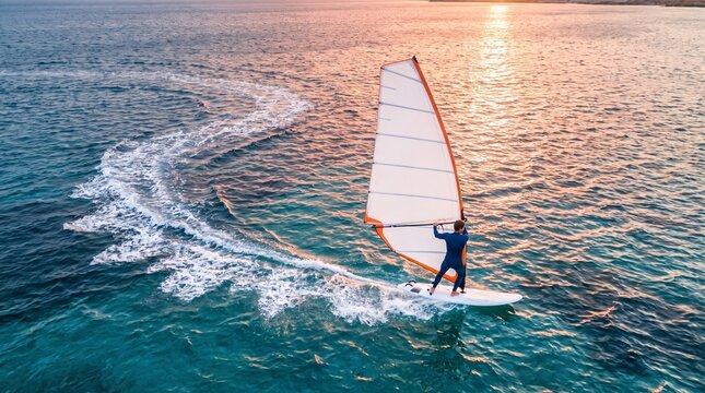 Single young adult female windsurfer aerial overhead carving sweeping arc S-curve wake across turquoise Mediterranean, broken golden fragments, premium international sports campaign