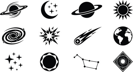 Astronomy and Space Icon Set Featuring Planets, Saturn, Crescent Moon, Sun, Galaxy, Comet, Earth, Stars, Constellations and Black Hole © Monju