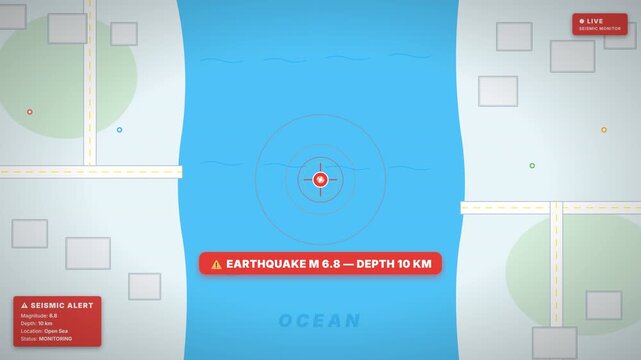 Seismic earthquake alert map over ocean with epicenter marker