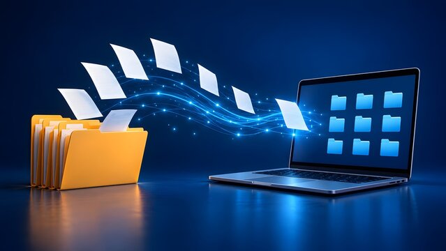 Digital document transformation with white files transferring from physical folder into laptop screen for cloud storage