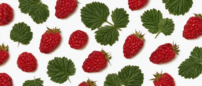 Pressed elongated red loganberries and serrated foliage, flat lay, pure white background