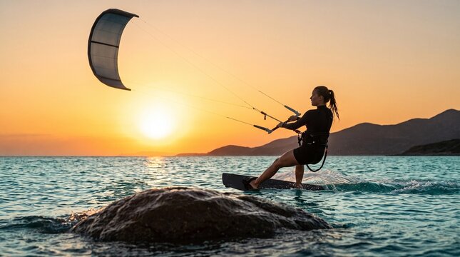 Female kitesurfer riding past foreground rock at water level with kite diagonal arc and golden sun halo behind sail, wake connects rock to rider cinematic sports editorial