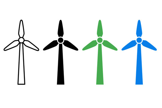 Set of four wind turbine icons in different styles representing renewable energy and sustainable power generation concepts