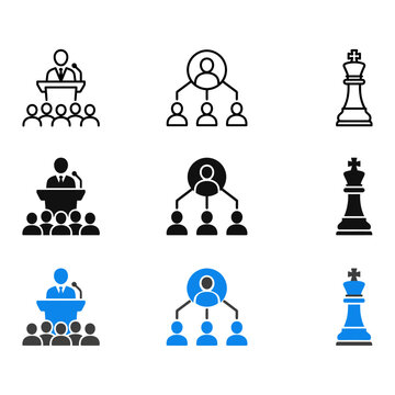 Set of professional business icons featuring leadership presentation team hierarchy and strategic chess king game pieces