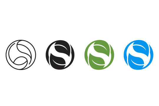 Set of four circular abstract leaf logo designs in outline black solid green and blue color variations