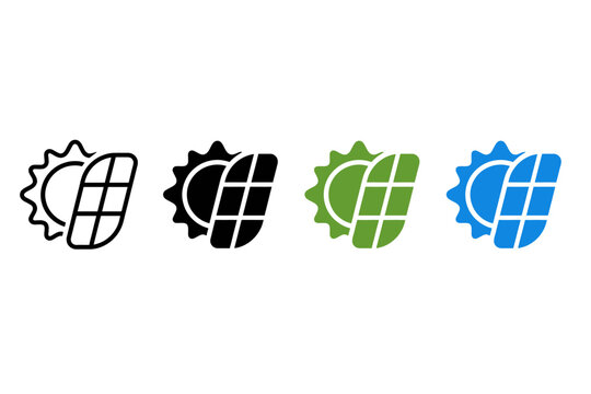Set of solar panel and sun icons representing renewable energy and sustainable power generation in various styles