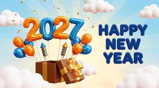 Happy new year 2027 greeting card with colorful balloons and fireworks coming out of a gift box in the sky