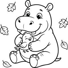 Obraz premium Happy cartoon hippo cuddling a cheerful little bird, autumn leaves falling