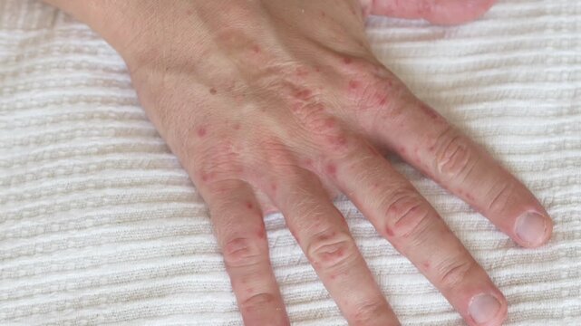 Hands with rash and eczema rest on white cloth, showing dermatitis around knuckles and fingers. Skin irritation feels concerning and fits allergy related symptoms or possible Coxsackie virus.