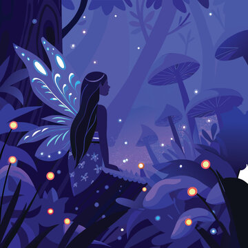 Enchanted fairy with translucent blue wings in magical dark forest, silhouetted fantasy character among oversized glowing mushrooms and shining orange fireflies, vector illustration