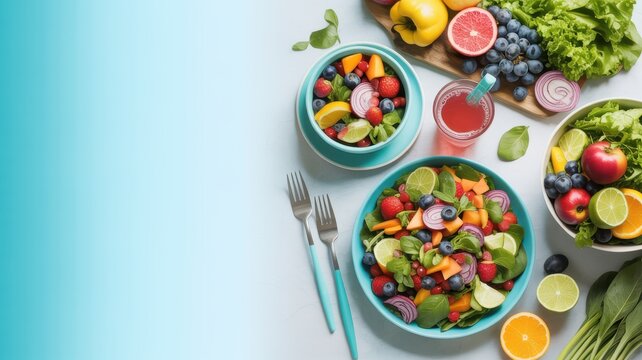 Fresh healthy salad with colorful fruits and vegetables arranged on turquoise plates for food design