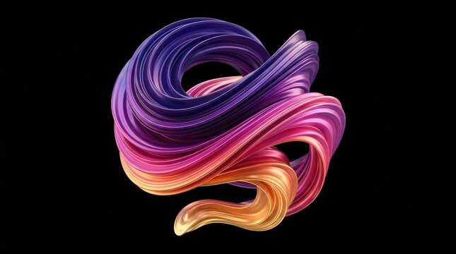 Abstract flowing ribbon in vibrant purple pink and gold against black