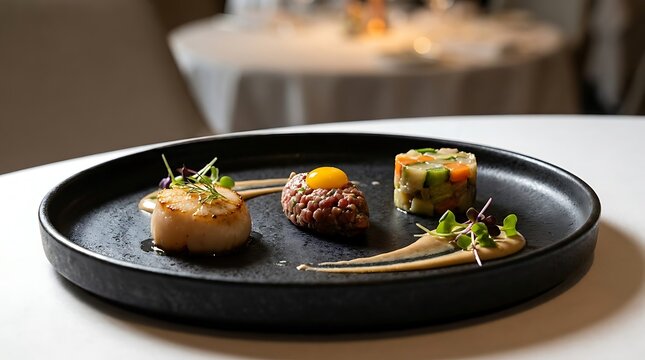 Gourmet appitizers elegantly plated with seared scallop, steak tartare, and diced vegetables in a dark dish