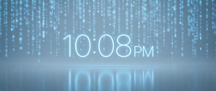 Digital clock displaying 10:08 PM with blue binary code rain effect and reflective surface