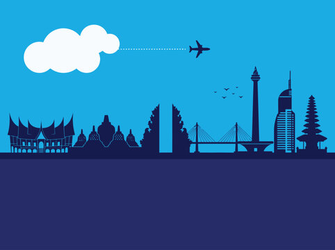 Indonesia Landmarks Skyline Silhouette with Airplane and Clouds