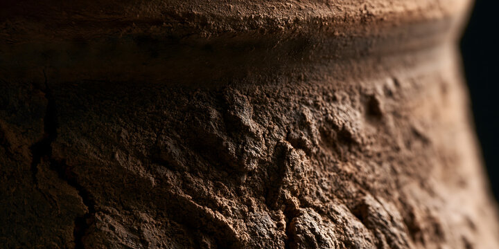 Extreme close-up of a handmade raw clay pot showing its rough uneven surface, natural imperfections and earthy brown tones. Rustic ceramic texture suitable for backgrounds, pottery, branding and inter