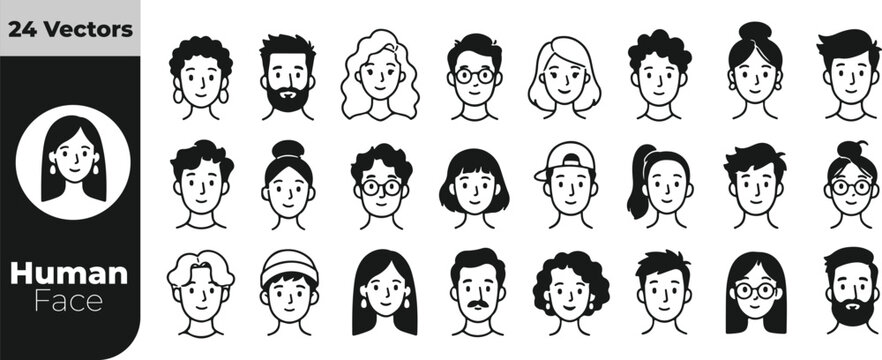 Face avatar icons  Human face avatar collection with men, women, hairstyles and facial expressions, minimal people profile Icons, avatar, people, faces, portrait, profile, character